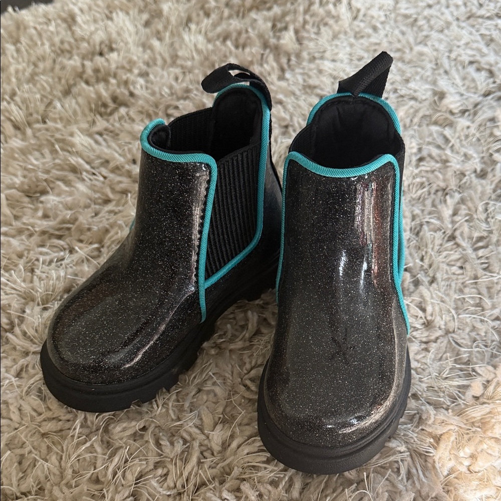 Sparkly Black Kids Native Boots with Teal Trim